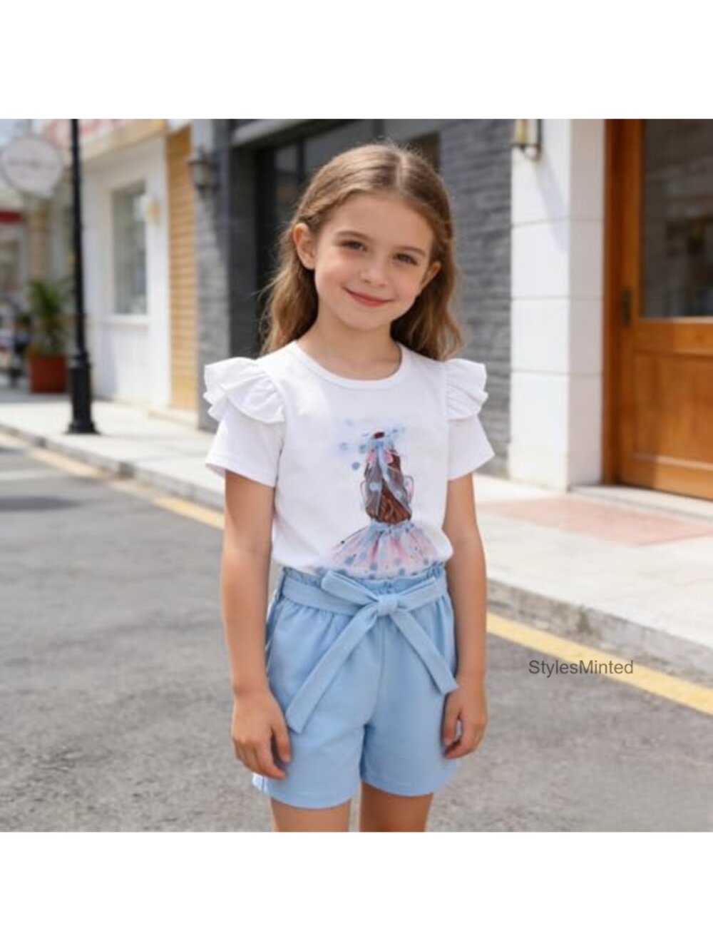 Toddler Girls 2-Piece Short Set Ruffle Sleeve Bow Tee + Matching Shorts Cotton - Picture 2 of 6